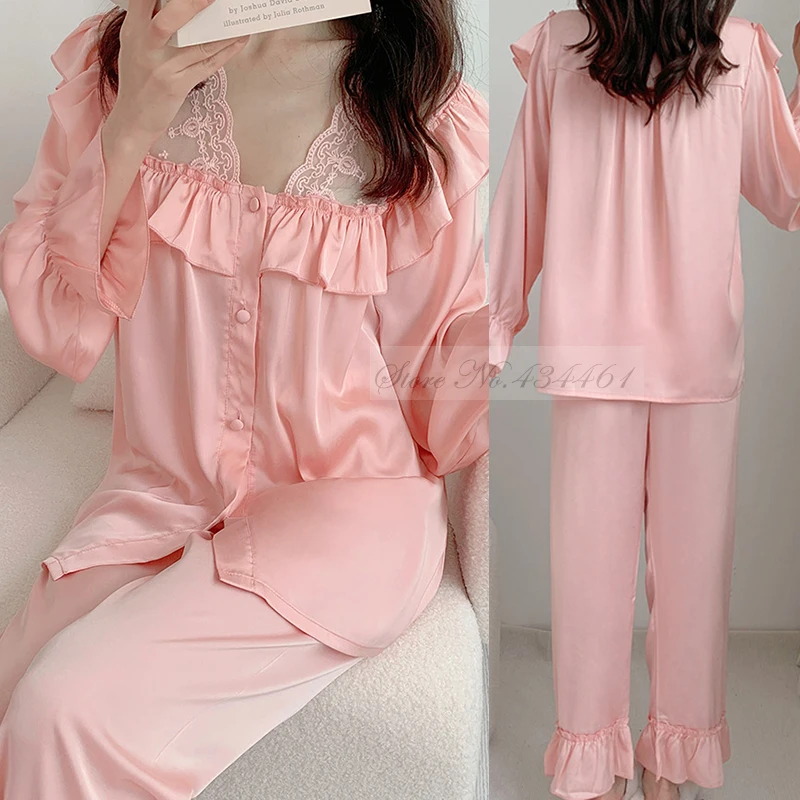 

Female 2Pcs Pajamas Set Palace Style Princess Sleepwear Sweet Lace Ruffle Trouser Suits Nightwear Spring Autumn Rayon Home Wear