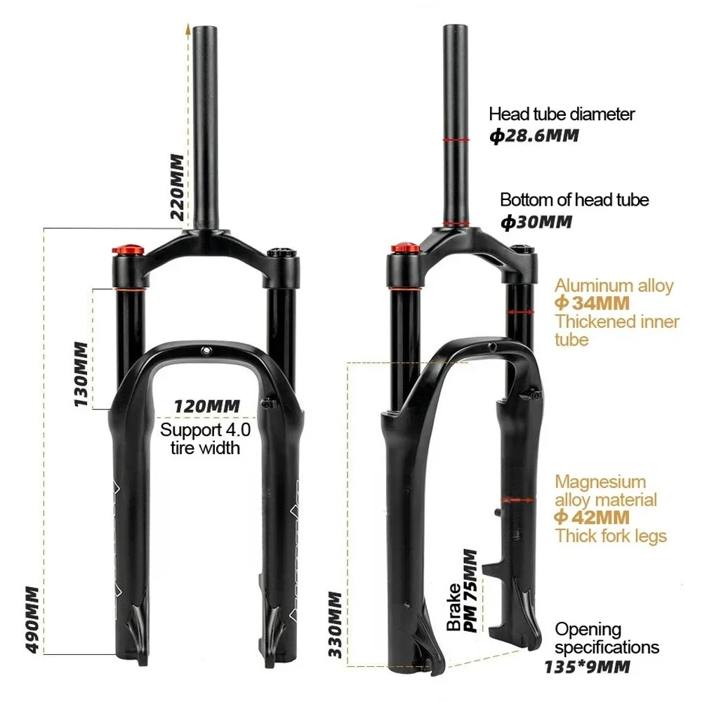 20 Inch Snow Bike Front Fork Beach Bike Shock Absorption Oil Spring Front Fork Aluminum Magnesium Alloy Wide Tire 4.0 135mm