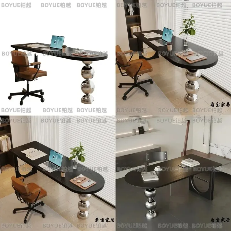 Black Solid Wood Semi Round Desk Bauhaus Style Long Double Computer Table for Bedroom Home Office High End Window Edge