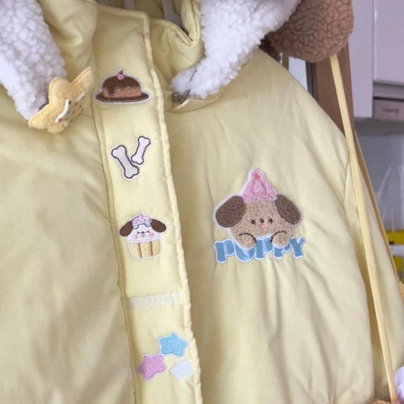 Parka à capuche brodée de dessin animé mignon pour femme, combinaison décontractée, patchwork japonais, esthétique grunge, poche, Y2k, hiver