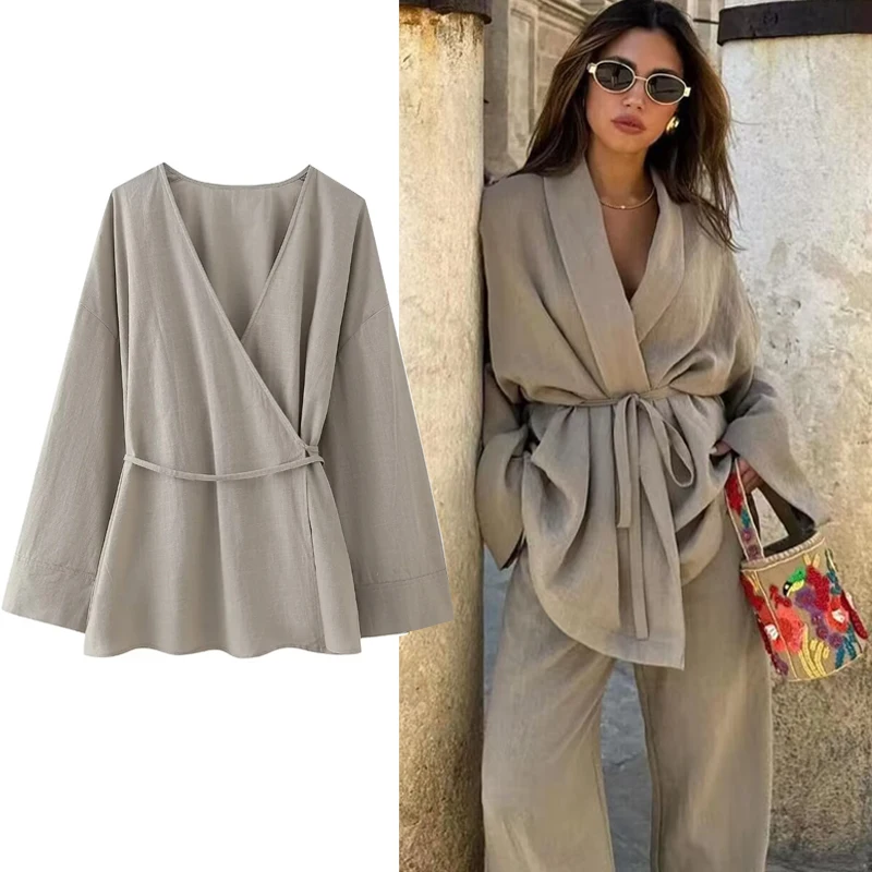 TRAF 2024 Long Kimono Women Tied Loose Pajama Blouse Woman Summer Wrap Blouses For Women Long Sleeve Pyjama Women\'s Blouse