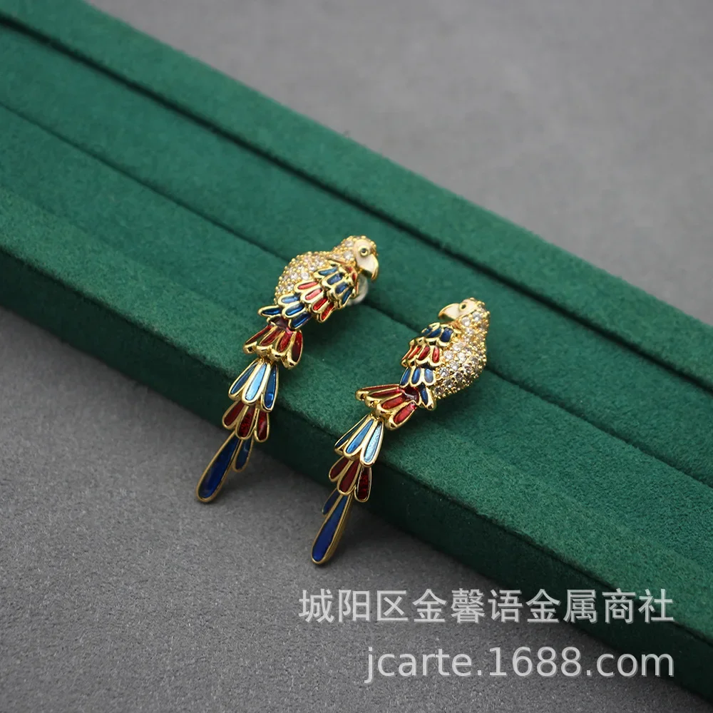 

High-grade Colorful Parrot Long Enamel Zircon Vintage Fashion New Chinese Style 925 Silver Needle Earrings