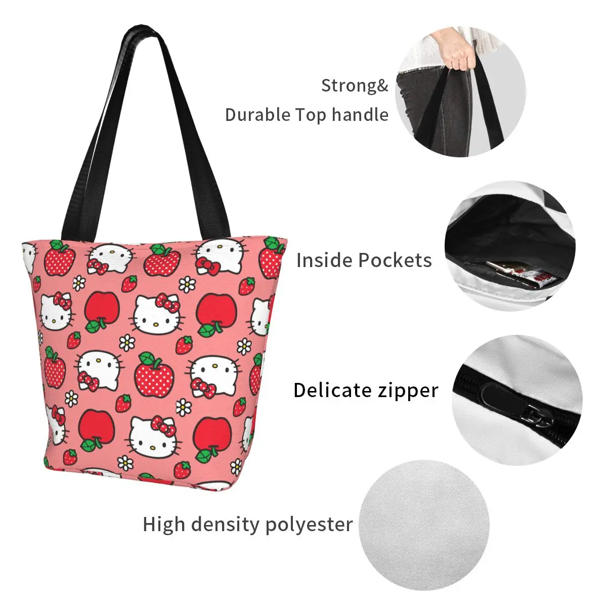 Girl Sanrio Merch Cute Hello Kitty Tote Bag Accessories Kawaii Cartoon Top Handle Bag With Zipper for Women