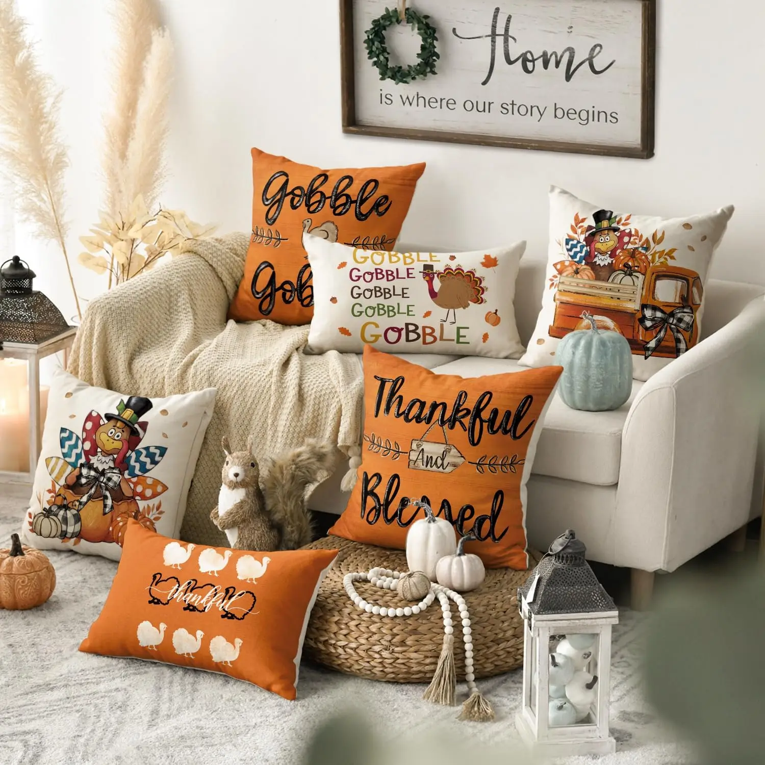 Thanksgiving Gobble Turkey Harvest Throw Pillow Covers, 18 x 18 Inch Thankful and Blessed Fall Truck Pumpkin Cushion Case