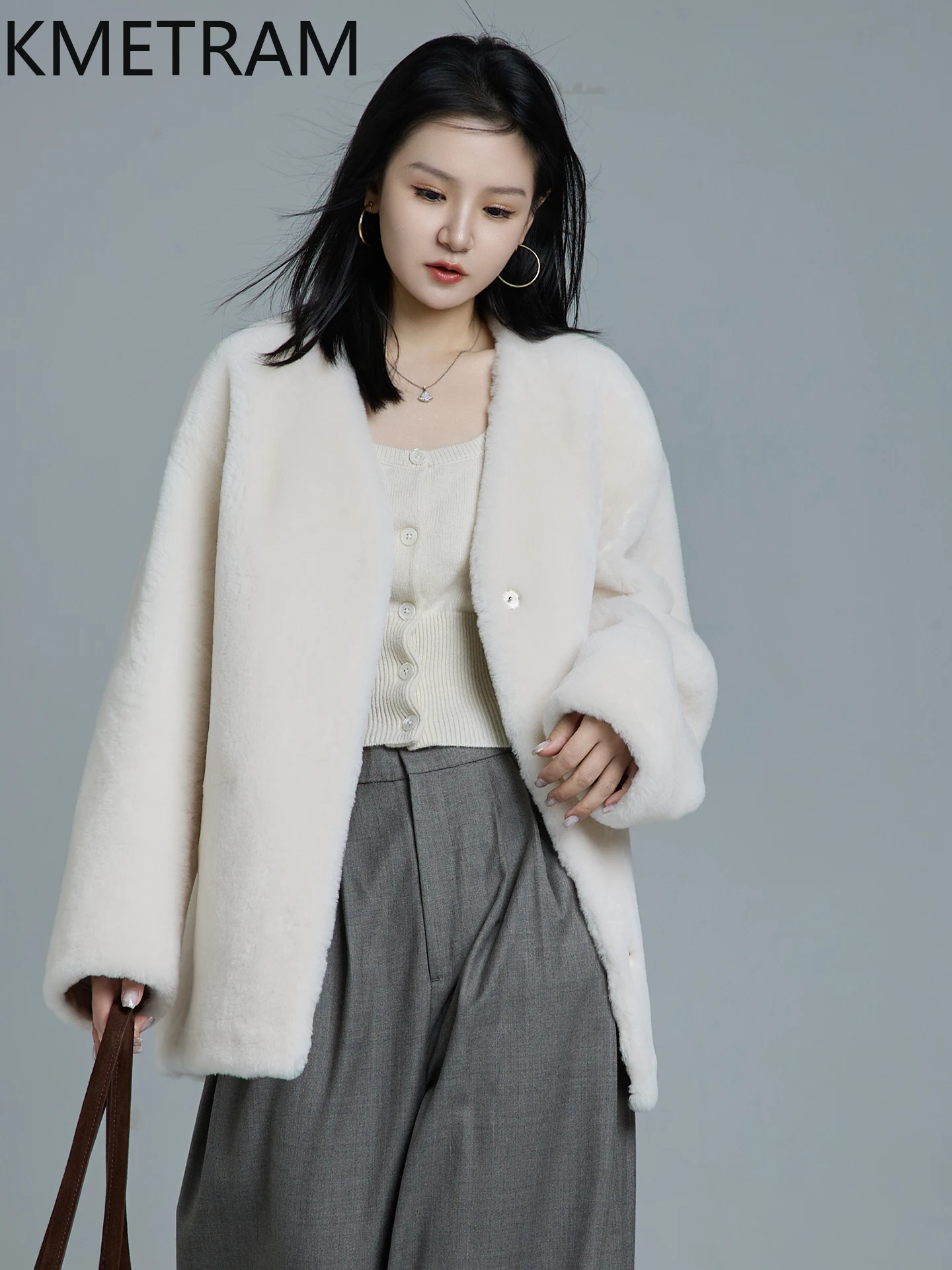KMETRAM Natural Merino Sheepskin Wool Fur Coat White V-Neck Autumn-Winter Women Clothing 2025 Mid-Length Jacket шуба женская