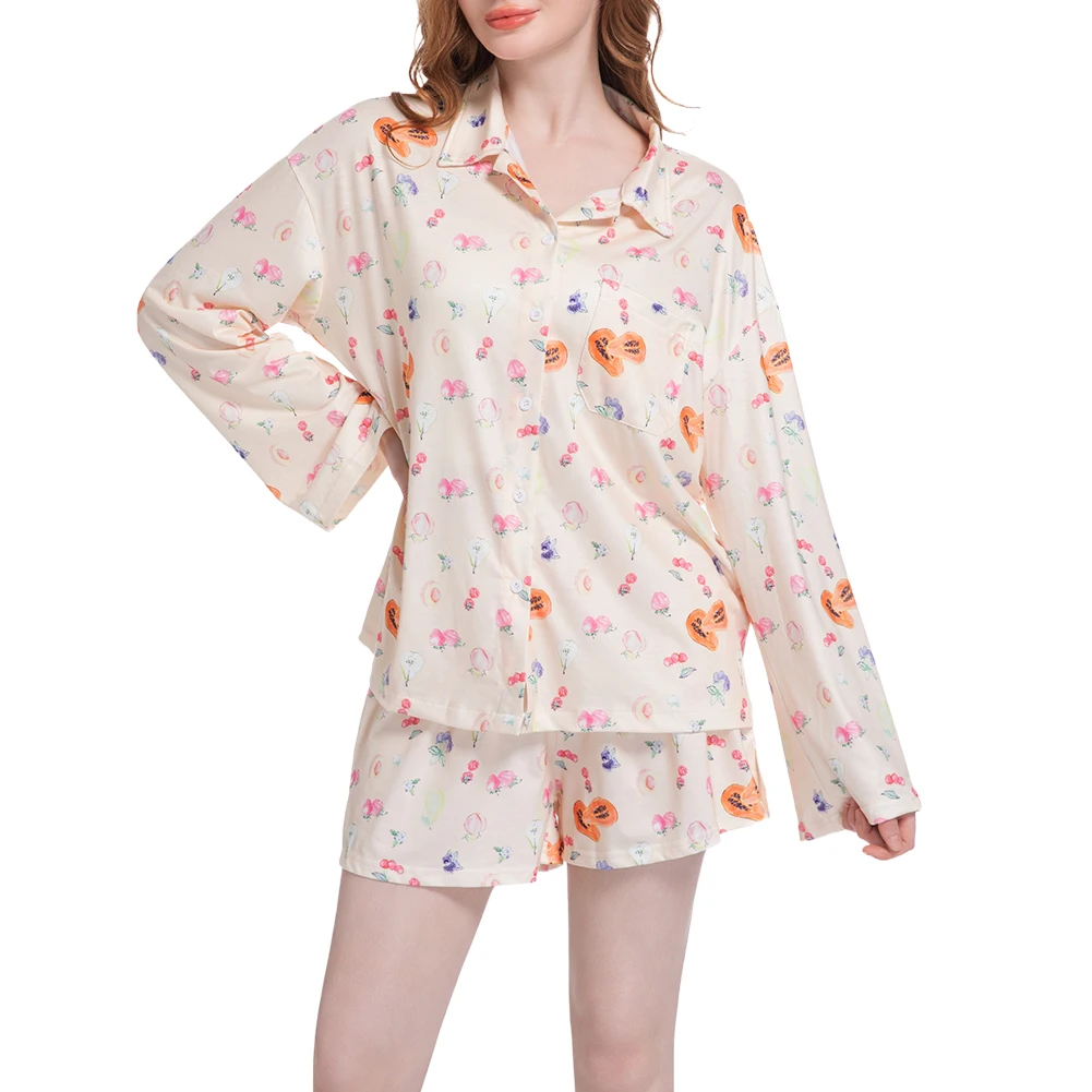 Women Long-Sleeved Shorts Set with Slits Casual Loungewear Suit Cute Pyjama Trousers Set for Living Room Bedroom Hotel Travel