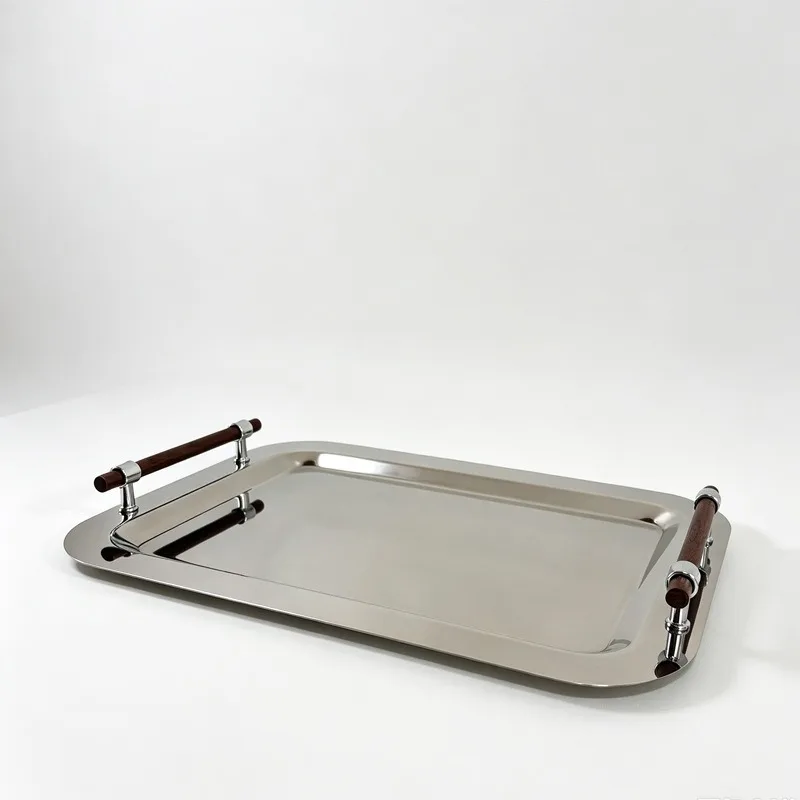 Metal Decorative Tray Wooden Handle Flat-bottomed Stainless Steel Trays Living Room Simplicity Elegance Tray Home Organization