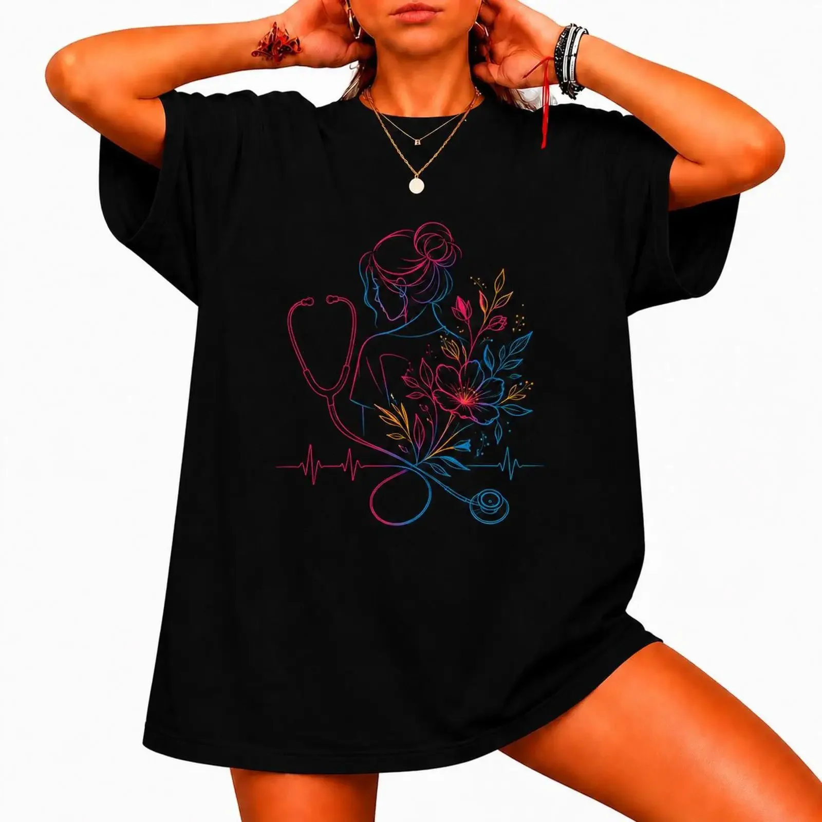Neon Floral Nurse Stethoscope T Shirt Cottagecore RN  vintage Washed streetwear Stretched Comfortable fashion Breathable Unisex