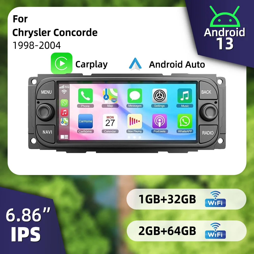 Sistema Multimedia para Auto con Pantalla de 6.86" Android 13 para Chrysler Concorde 1998-2004, Carplay Inalámbrico, Autoradio 1 Din, Unidad Principal de Radio Estéreo