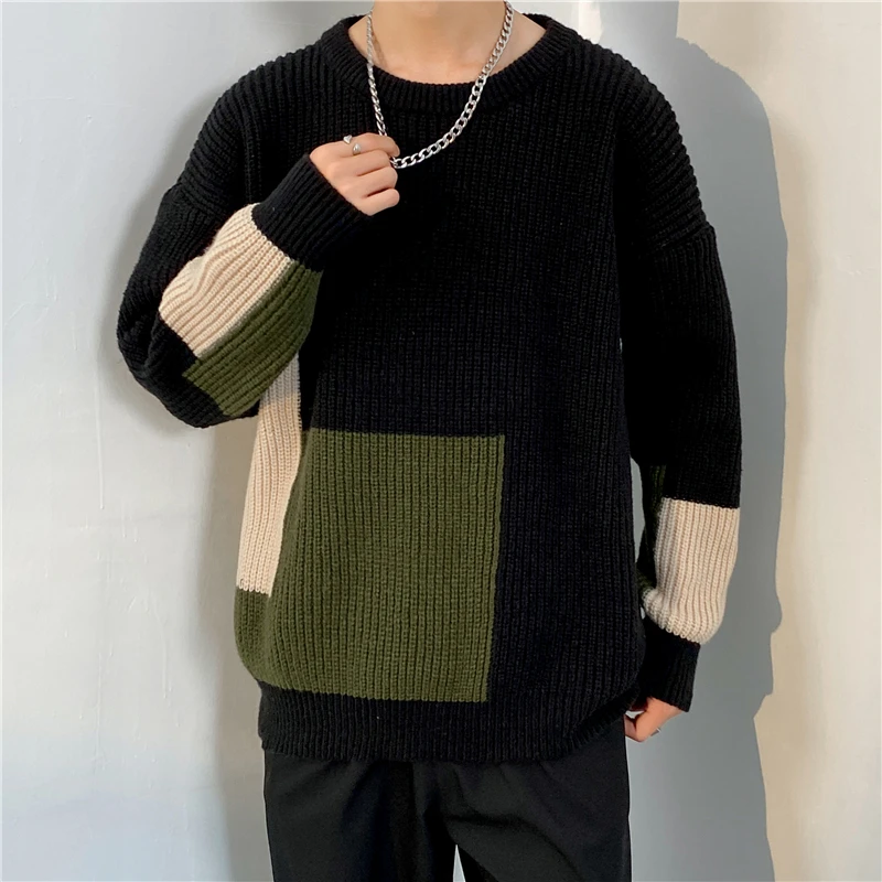 

Korean Fashion Autumn Men Casual Vintage Style Sweater O Neck Patchwork Oversize 2023 Winter Men Warm Cotton Pullovers B131