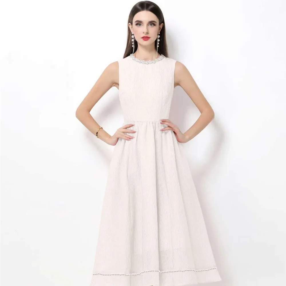 

Elegant High Waist A-Line Dress Beaded One-Piece Maxi Skirt Sleeveless Evening Dress Pastel White Floral Print Zipper Closure