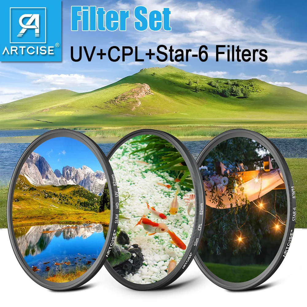 ARTCISE Universal UV+CPL+Star-6 Filter Set 3 in 1 Kits Camera Slim Lens Glass 37 40.5 43 46 49 52 58 62 67 72 77 82mm for DSLR