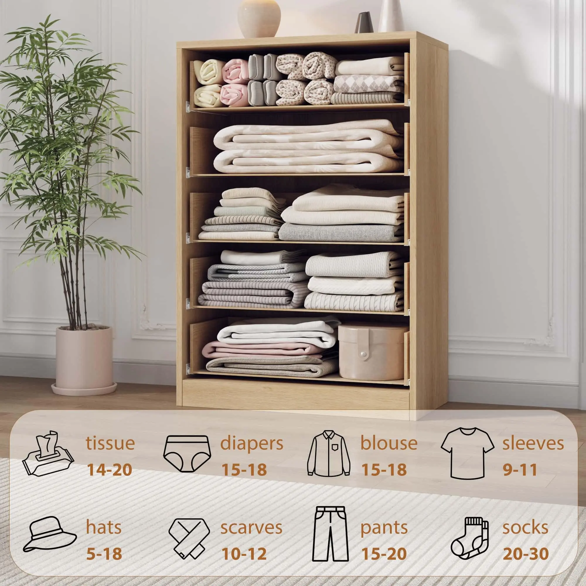 5 Drawer Dresser For Bedroom, 43.3in Tall Wooden Storage Chest With Deep Drawers, Modern Closet Cabinet For Living Room Entryway Hallway