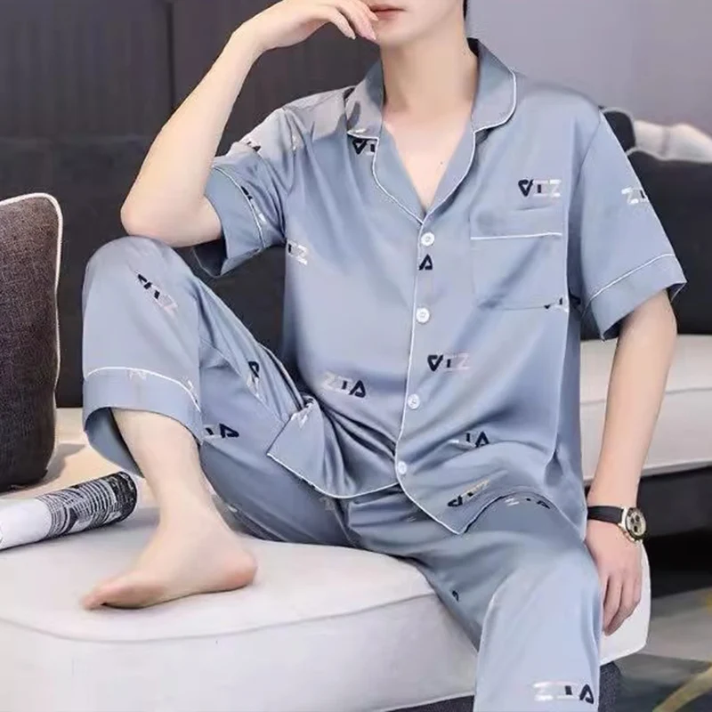 Summer Luxury Men's Pajama Suit Ice Silk Pajamas With Shorts Sets Sleepwear Casual Pijama Night Home Suit Plus Size Pj Set