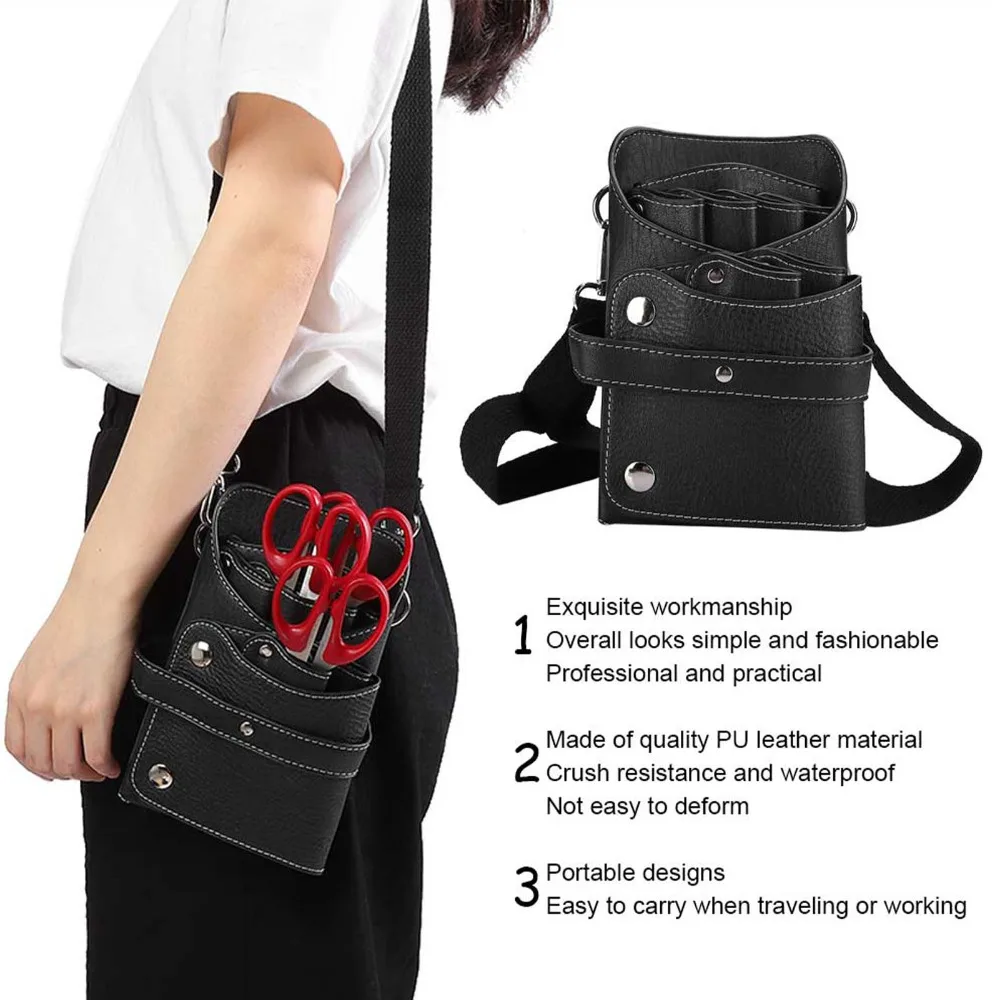 PU Leather Barber Scissors Waist Bag Adjustable Strap Multi-Compartment Scissors Holder Case Portable Black Color