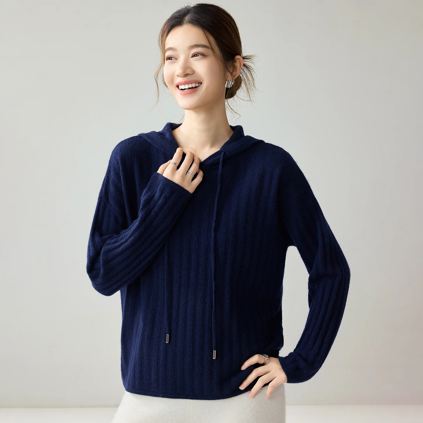 Women Hooded Pullover 100% Cashmere Sweater Stylish Ribbed Drawstring Autumn Winter Knitwear Soft Elegant Long Sleeve Lady Tops