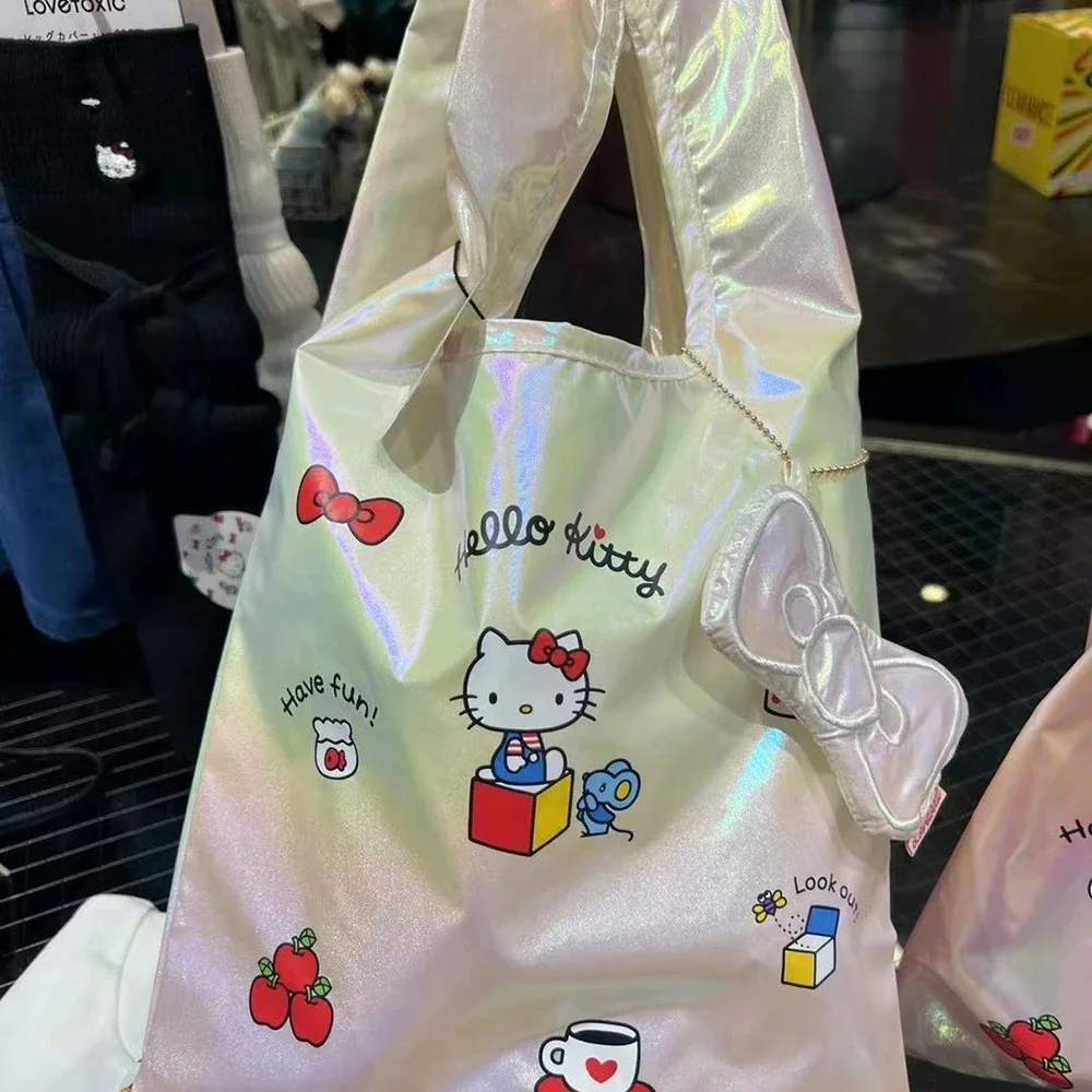 New Mini Hello Kitty Handbag Laser Printed Folding Handbag Creative Tank Top Style Outdoor Shopping Large Capacity Storage Bag