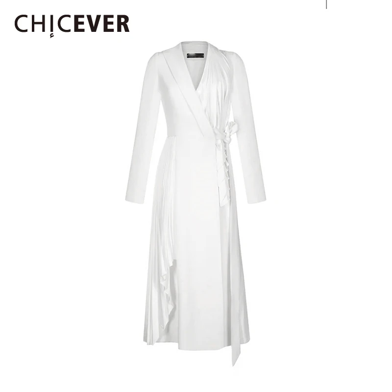 

CHICEVER White Spliced Bandage Dress Female V Neck Long Sleeve Slimming Elegant Casual Women's Dresses Autumn Style Fashion New