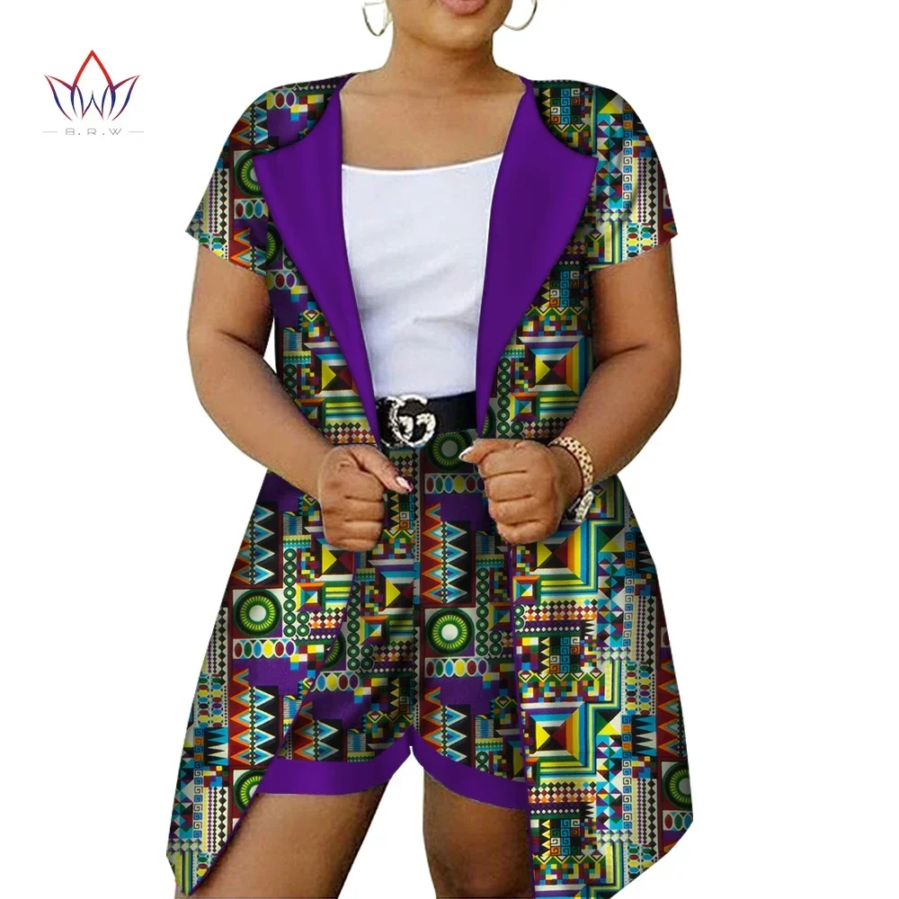 

African Style Women Shorts Set Bazin Plus Size African Print Front Open Tops + Shorts Women Traditional African Clothing WY2917