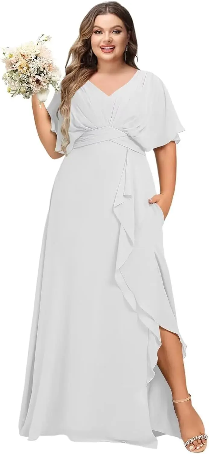 

Flutter Sleeves Plus Size Bridesmaid Dress with Slit Chiffon V Neck Pocket Formal Evening Party Dress Mother of The Bride Dress