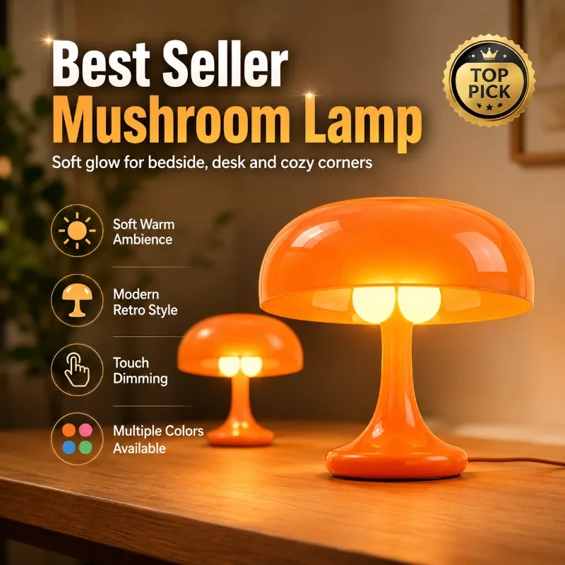 Mushroom Table Lamp USB Powered 3 Color Dimmable Retro Bedside Night Light for Bedroom Study Living Room Cafe Home Decor