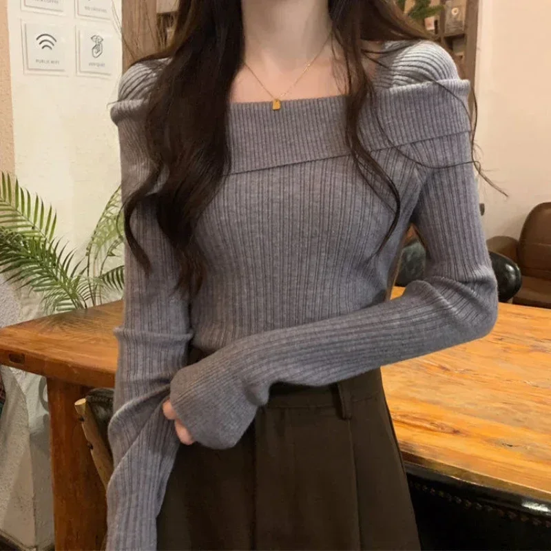 Slim Korean Style Off Shoulder Knitted Sweater Women 2024 Chic Long Sleeve Pullover Fashion Slash Neck Basic Jumper Tops Female