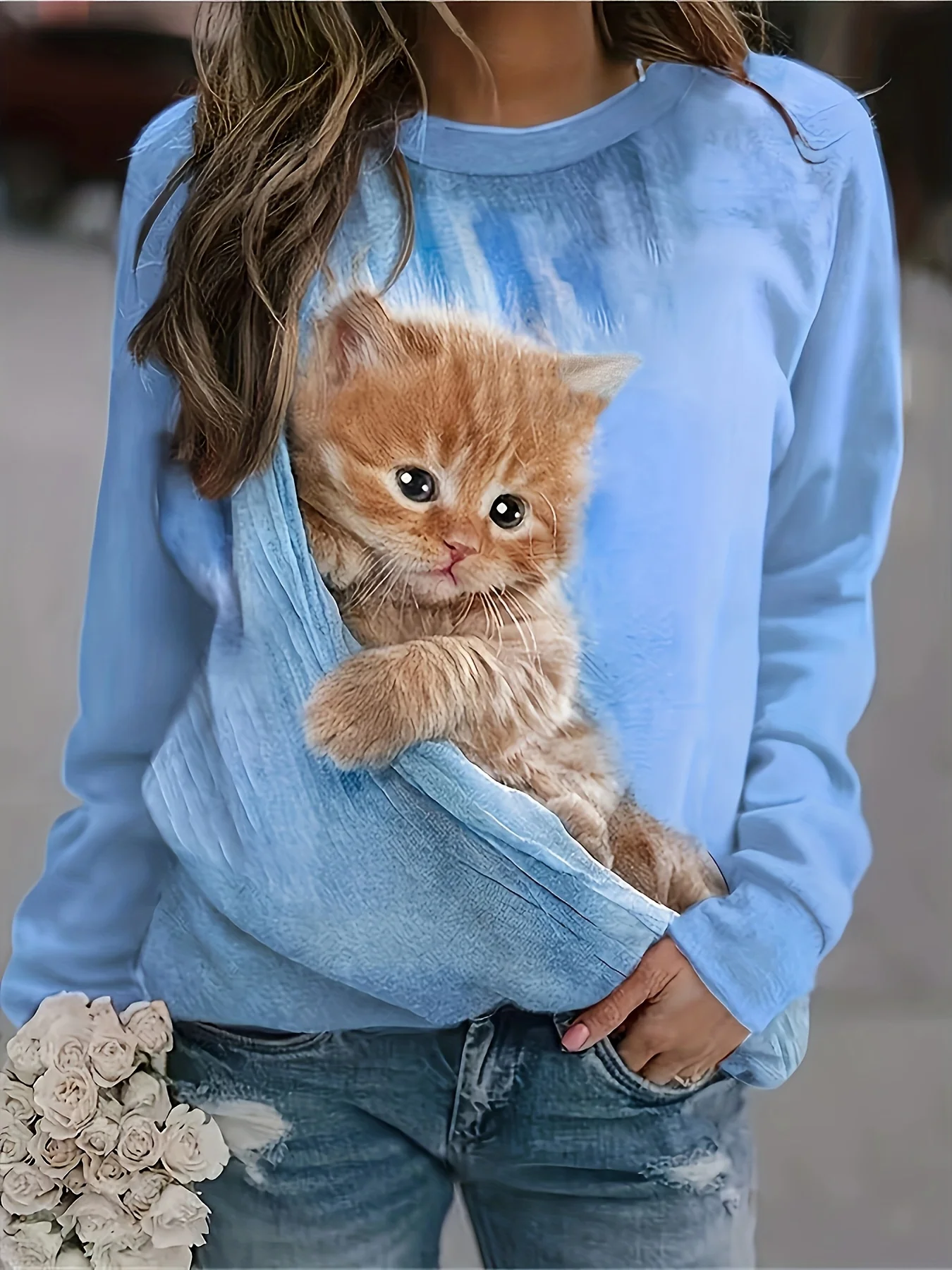 Women's Long Sleeve T-Shirt, Cute Orange Kitten Printed On Blue Tie Dye Fabric With Round Neck And Comfortable Fit, All-Winter Holiday Style Top Suitable For Leisure And Sports Scenarios