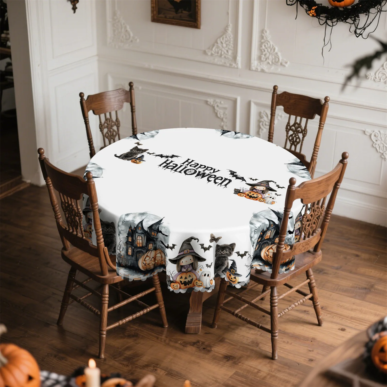 Halloween pumpkin lantern castle with bat and spider web tablecloth, suitable for rectangular shapezyc