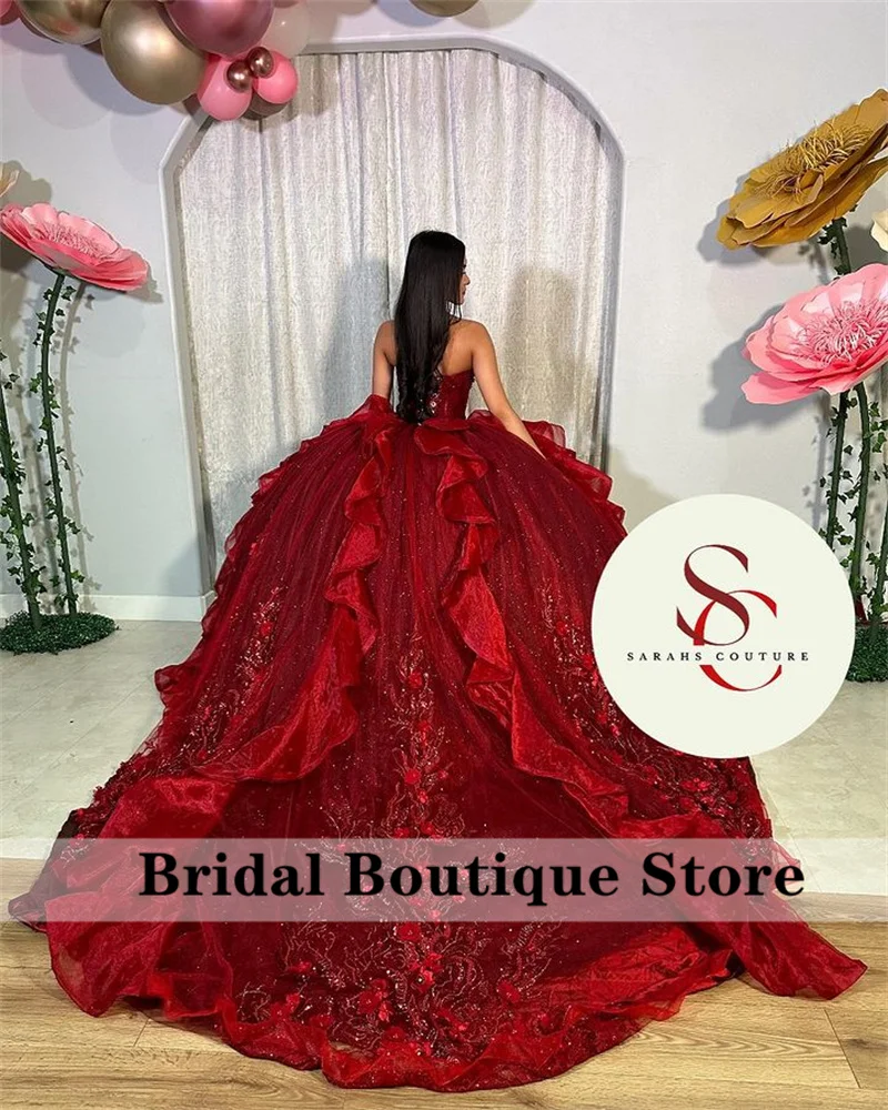 Luxury Red Wine Quinceanera Dresses 2024 Ball Gown Floral Crystal Lace Sweet 16 Dresses Birthday Party Custom-Made