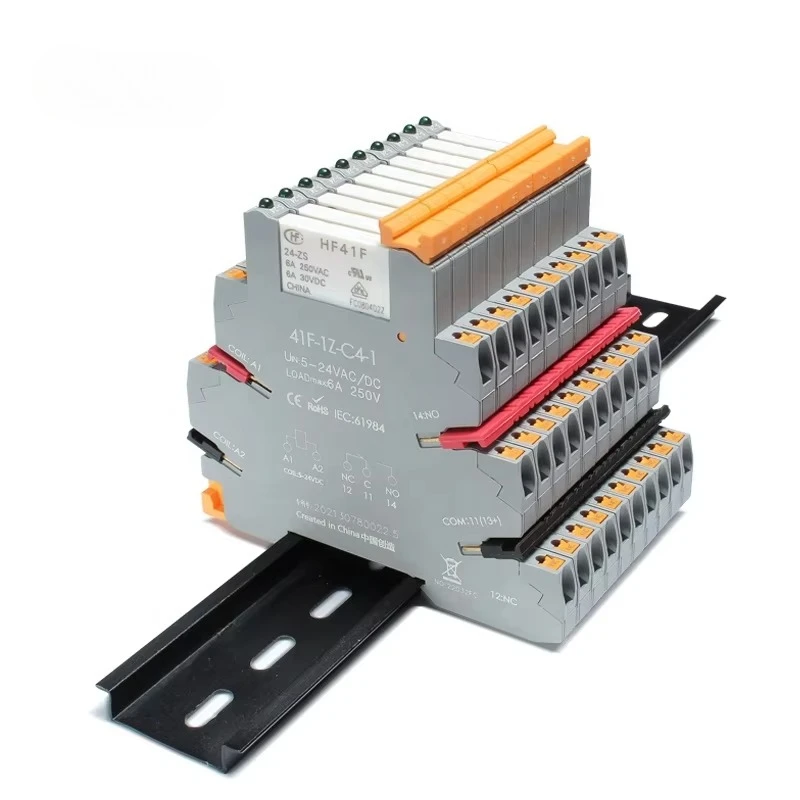 41F-1Z-C4-1 6A DIN rail ultra-thin relay module switch electromagnetic relay 6-24VDC SPDT interface 240V relay socket, 1NC + 1NO