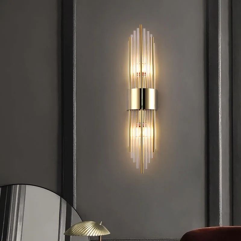 Crystal Luxury Home Decor Wall Lamp Glass Tube Gold Color Base Indoor Lighting Sconce Up Down Two Bulbs Corridor LED Wall Lustre