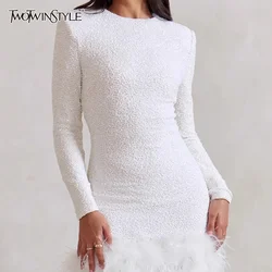 TWOTWINSTYLE Solid Spliced Sequines Slimming Dresses for Women O Neck Long Sleeve Temperament Dress Female Fashion New
