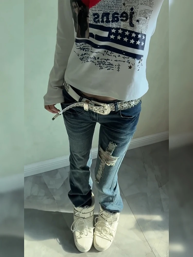 Retro American Crosshole Denim Jeans Women Summer New Y2K Millennium Style Spicy Girl Micro Flare Long Trousers High Waist