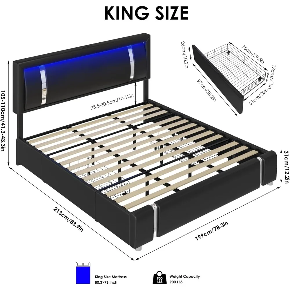 Keyluv King Size Bed Frame with RGB LED Lights & 2 Storage Drawers, Modern Upholstered Platform Bed with Iron Metal Decor