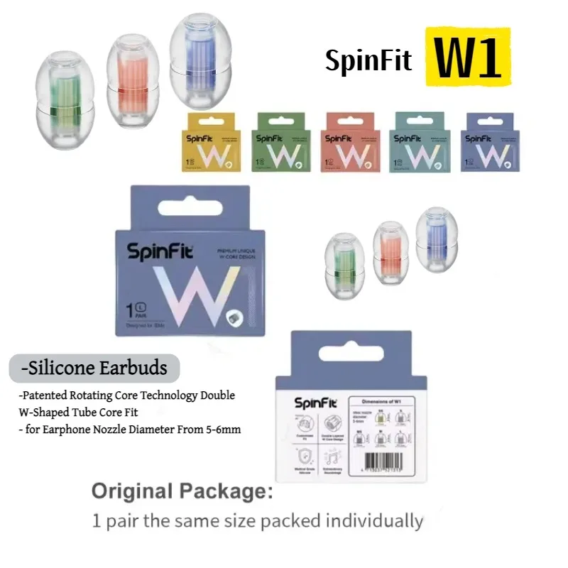 

SpinFit W1 in-ear Headphones Patented Medical-grade Silicone Eartips Technology Double W-Shaped Tube Core Fit for 5-6mm Nozzles
