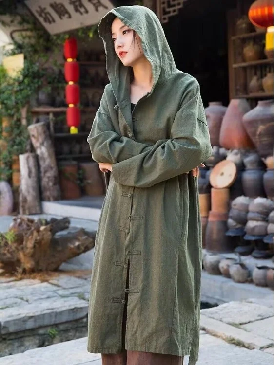 عباءة راهبة نسائية، سترة واقية من الرياح من القطن والكتان بغطاء للرأس، زي للتأمل، معطف طويل بأسلوب بوذي، فضفاض وعصري