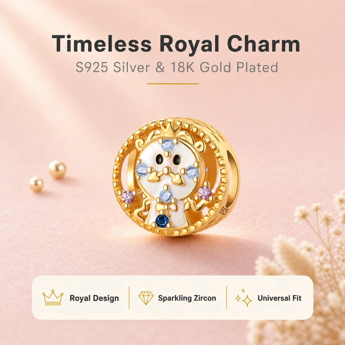 Colgante de Plata de Ley S925 con Diseño de Reloj de Cuentos de Hadas, Rey y Reina, Bañado en Oro de 18K, para Pulsera, Fabricación de Joyería DIY, Regalo