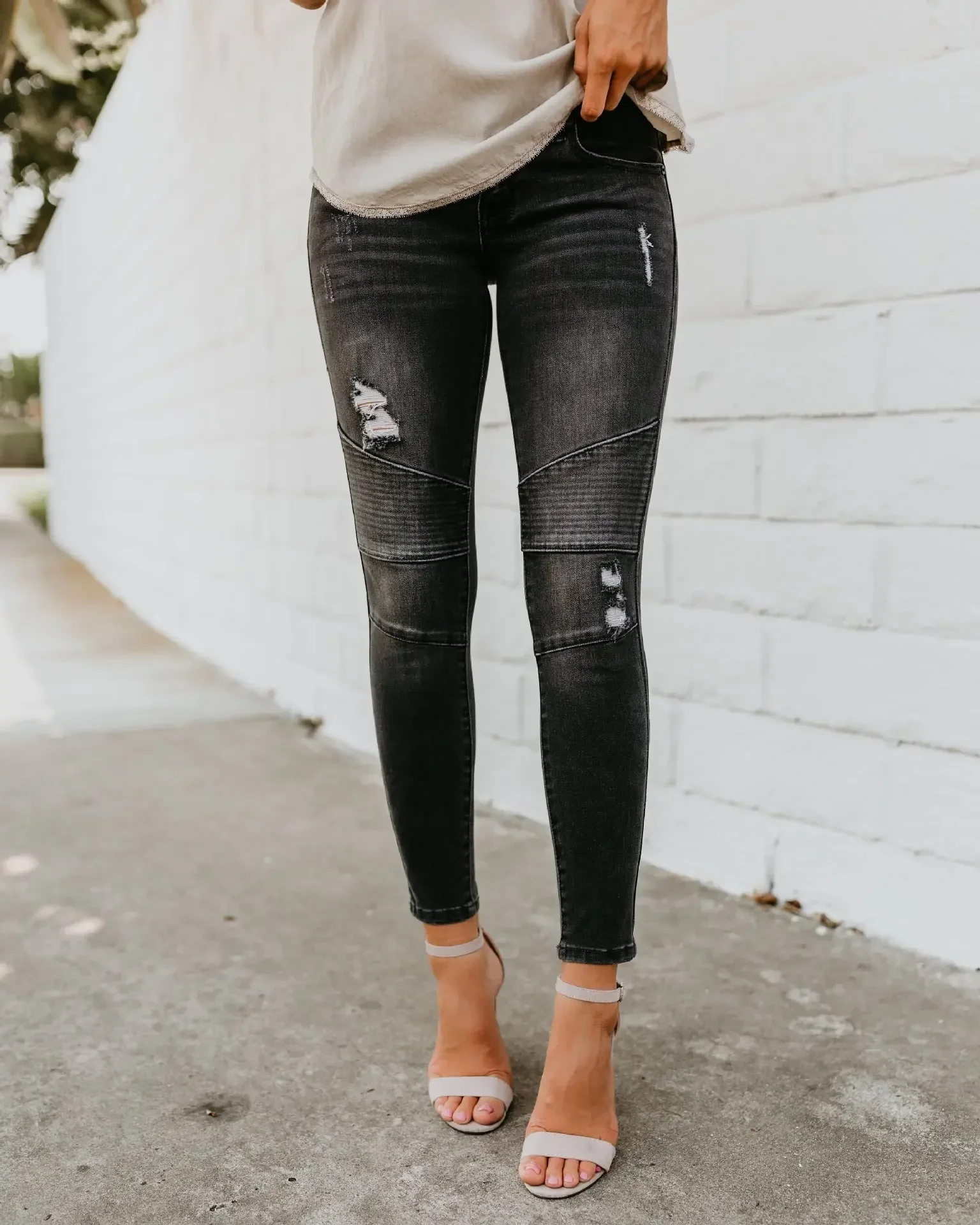 Women Jeans Denim Pencil Pants Pockets Streetwear Slim Fit Holes Sexy Sheath High Waist Washing Distressed Ankle Length