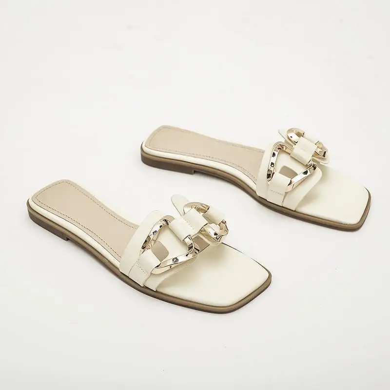 Women Metal Decor Single Band Flat Sandals Fashion Sexy Open Toe Outdoors Slides Luxurious Office Ladies Party Female Shoes