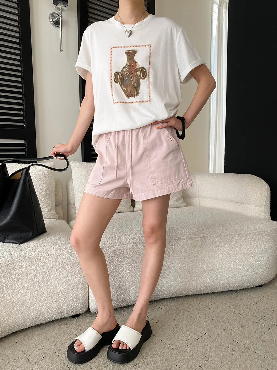 Sommerliches Damen-T-Shirt in einfarbigem Retro-Stil mit Vase-Stickerei, Rundhalsausschnitt, lockerer, schlank machender, vielseitiger Schnitt und kurzen Ärmeln. – Detail 19