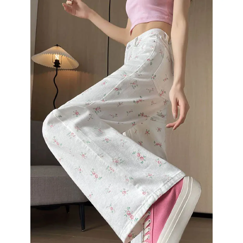 Pantalones vaqueros rectos con flores rotas para mujer, pantalones finos sueltos de cintura alta, pantalones de pierna ancha informales, pantalones vaqueros de cintura alta para primavera y verano