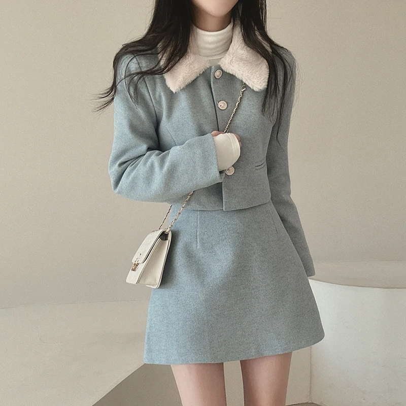 

Sweet Hot Girl Suit Women's Autumn and Winter Long-sleeved Woolen Coat High-waisted Mini Skirt Two-piece Set Female Clothes