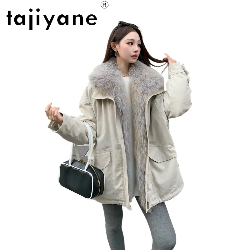 타지야네 90% 화이트 구스 다운 코트 여성 탈부착 가능한 리얼 폭스 퍼 칼라 재킷 여성 파카 겨울 여성 의류 2025