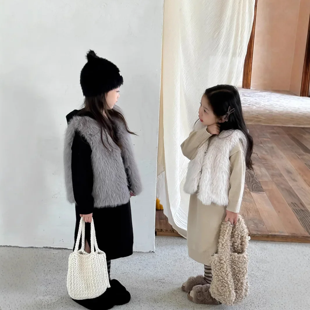 Children Clothes Girls Korean Style Fur Vest Baby Winter Solid Color New Fashionable Warm Casual Girls Sweet Soft Kids Waistcoat