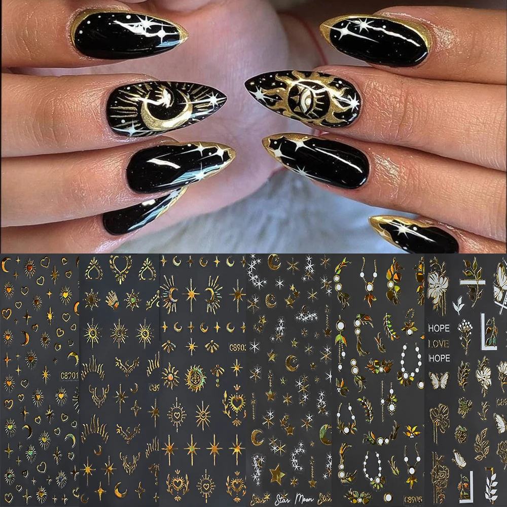 6pcs Golden Bronzing Nail Art Stickers Decals Sun Moon Star Pattern Gothic Nails Sliders For DIY Witchy Acrylic Nails Decoration