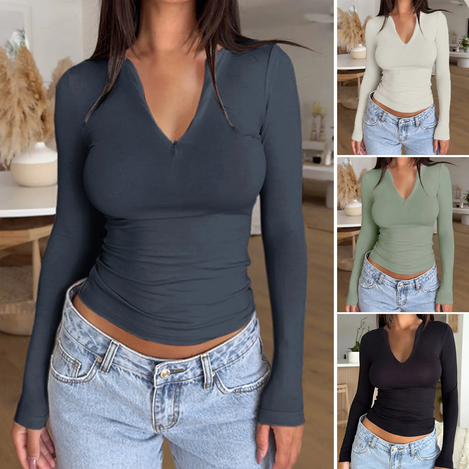 2025 Spring Summer Women's Long Sleeve Top Lady's Solid Color V-neck Zipperslim-fit Bottoming Shirt Female Soft Undershirt