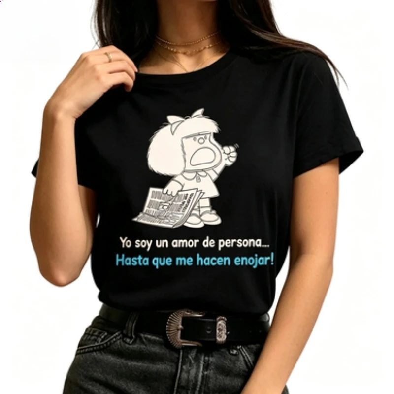 Ladies Crew‑neck T‑shirt Funny Spanish Letter Cute Hand‑drawn Cartoon Print Soft Cotton Daily‑wear Trendy Women Tops