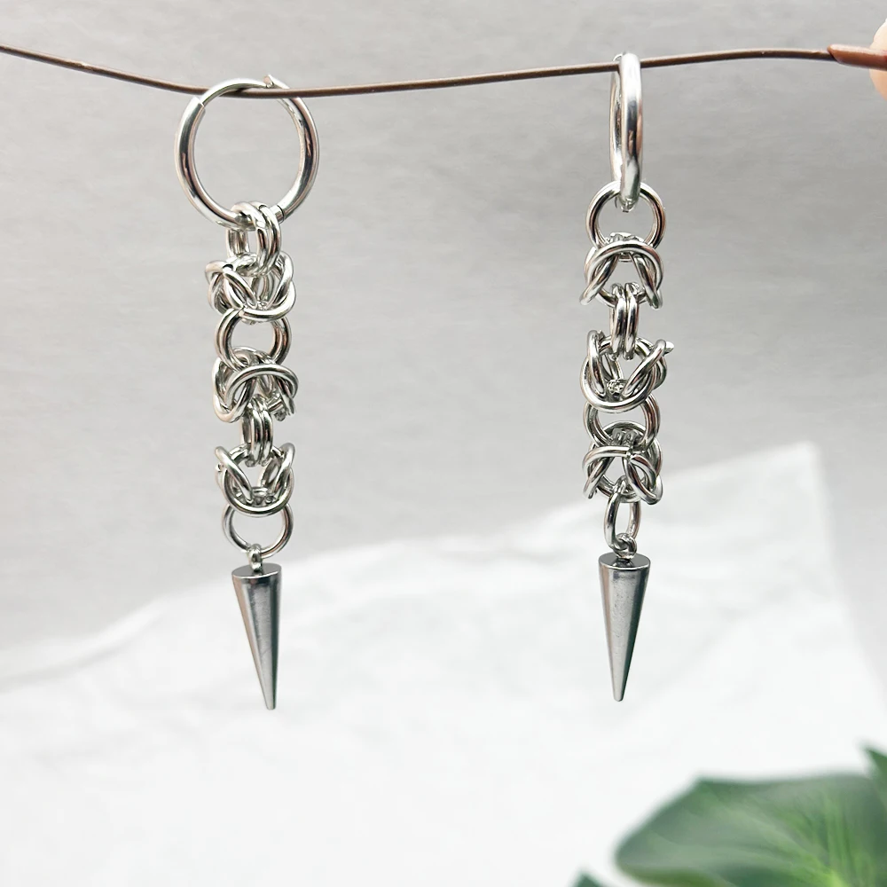 Handmade Punk Goth Alternative Chainmail Spike Hoop Earrings Stainless Steel Byzantine Style Rivet Dangle Earrings Gifts