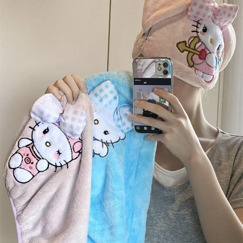 

Cute cartoon Hello kitty embroidered thickened coral velvet dry hair hat cute water absorbing quick drying turban Holiday gift