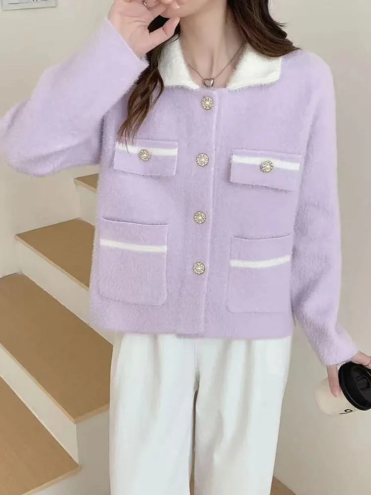 

Fall Faux Mink Cashmere Cardigan Women Sweet Fashion Long Sleeve Elegant Knitted Sweaters Casual Korean Lady Winter Outwear Tops
